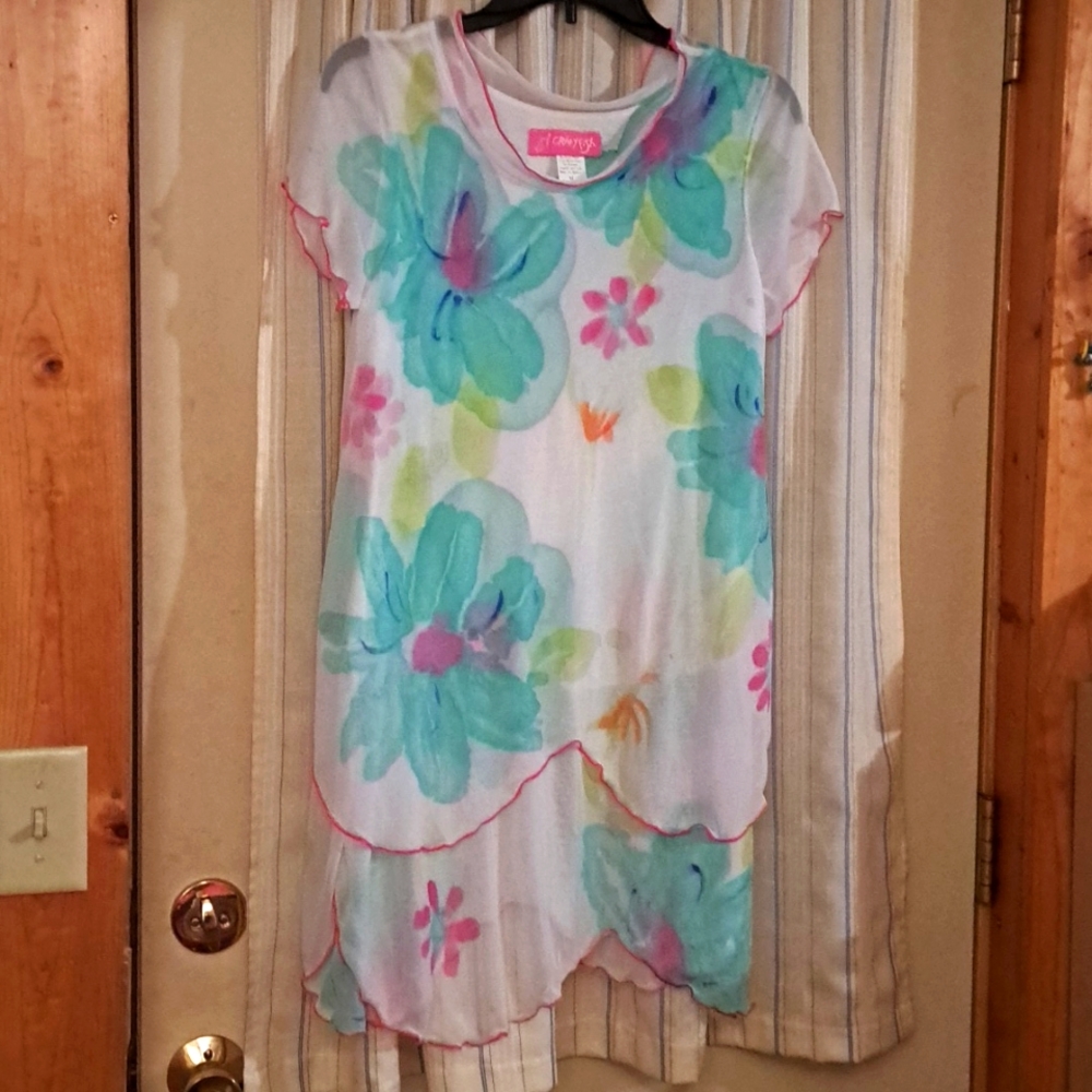 Crazy fish mini dress or tunic. size M. Made in Hawaii. Sheer layers, floral